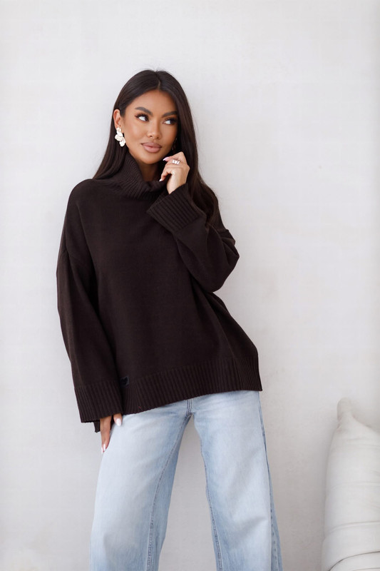 Sweter damski wełniany golf KELLY czekoladowy Madame Sue