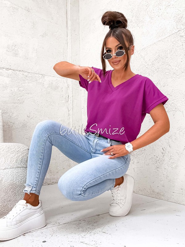 Gładki T-shirt bawełniany V neck classic Smize