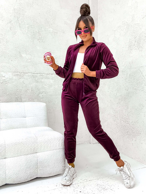 Welurowy komplet dresowy z rozpinaną bluzą bez kaptura Classy