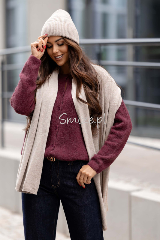 Komplet kaszmirowy kamienny beż, szal z czapką CASHMERE
