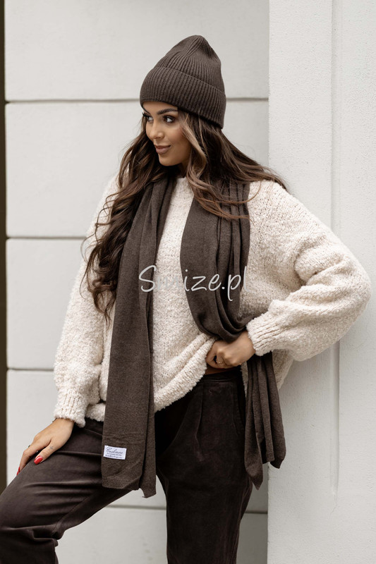 Komplet kaszmirowy brąz, szal z czapką CASHMERE