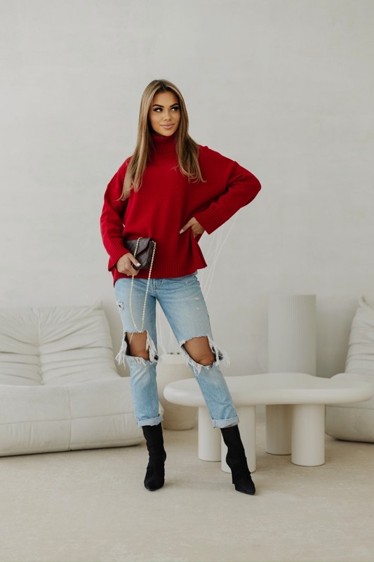 Sweter damski wełniany golf KELLY czerwony Madame Sue
