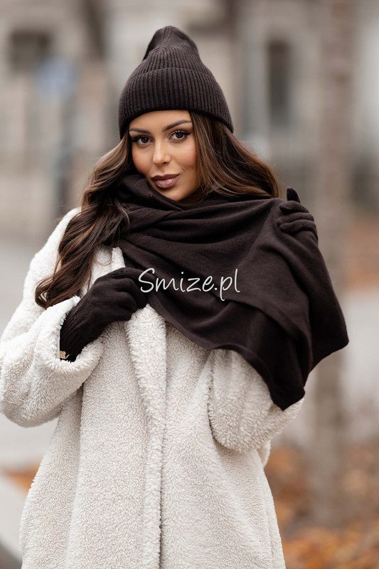 Komplet kaszmirowy z rękawiczkami, CASHMERE, czekoladowy