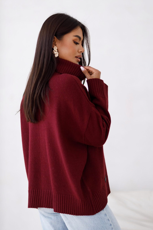 Sweter damski wełniany golf KELLY bordowy Madame Sue
