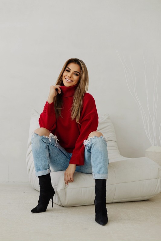 Sweter damski wełniany golf KELLY czerwony Madame Sue