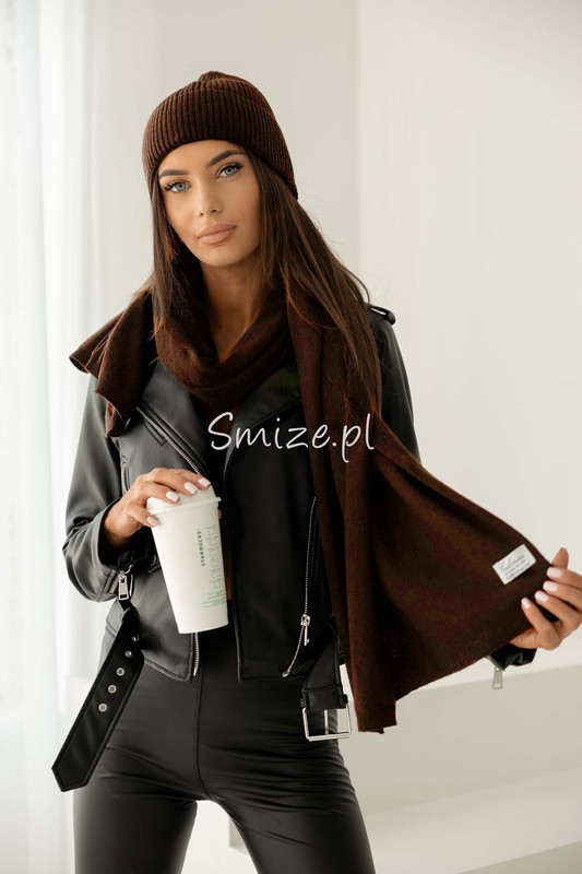 Komplet kaszmirowy brązowy melanż, szal z czapką CASHMERE