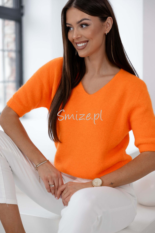 Sweter V-neck z krótkim rękawem baby alpaka GEORGINA pomarańczowy neon
