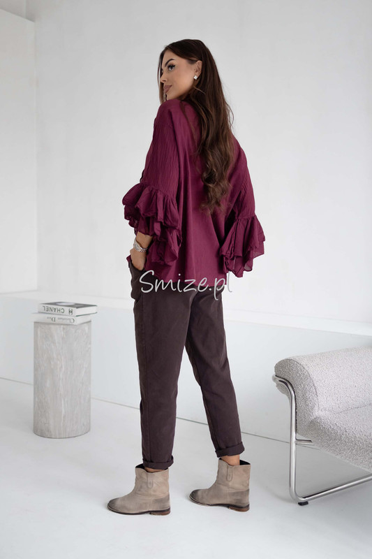 Bawełniana bluzka z falbanami i rozkloszowanymi rękawami, bordowa