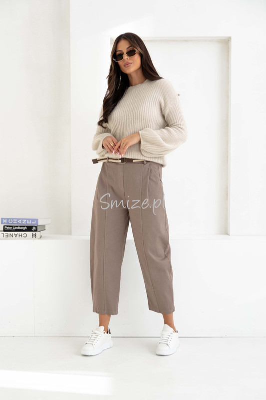 Spodnie damskie o kroju Balloon z wysokim stanem, mokka