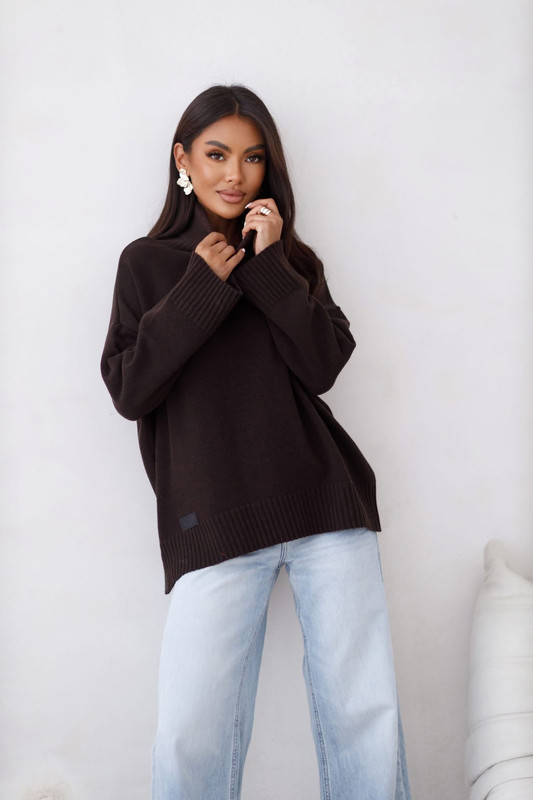 Sweter damski wełniany golf KELLY czekoladowy Madame Sue