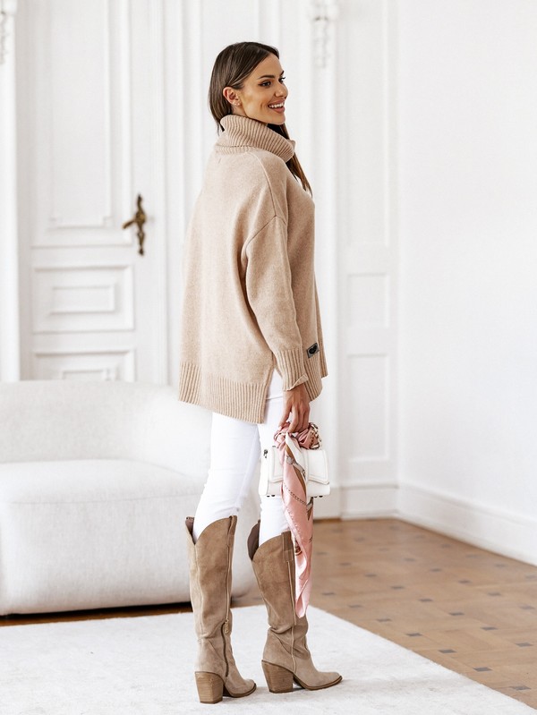 Sweter damski wełniany golf JOSE Madame Sue, beżowy