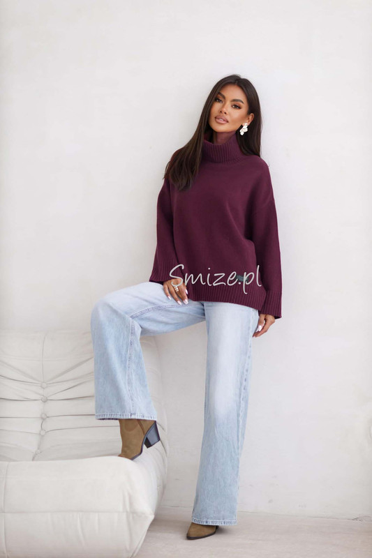 Sweter damski wełniany golf KELLY bakłażan Madame Sue