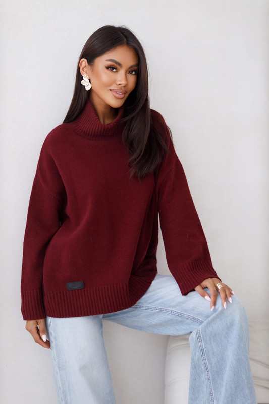 Sweter damski wełniany golf KELLY bordowy Madame Sue