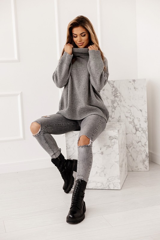 Sweter damski wełniany golf KELLY ciemny szary Madame Sue