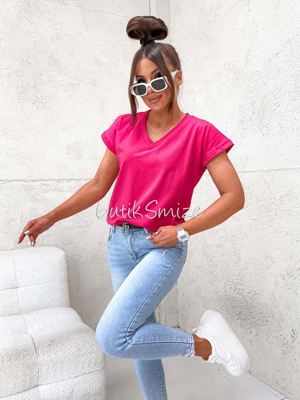 Gładki T-shirt bawełniany V neck classic Smize