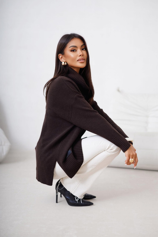 Sweter damski wełniany golf JOSE Madame Sue, czekoladowy