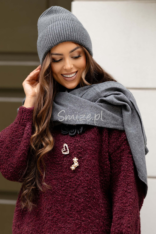 Komplet kaszmirowy ciemny szary, szal z czapką CASHMERE