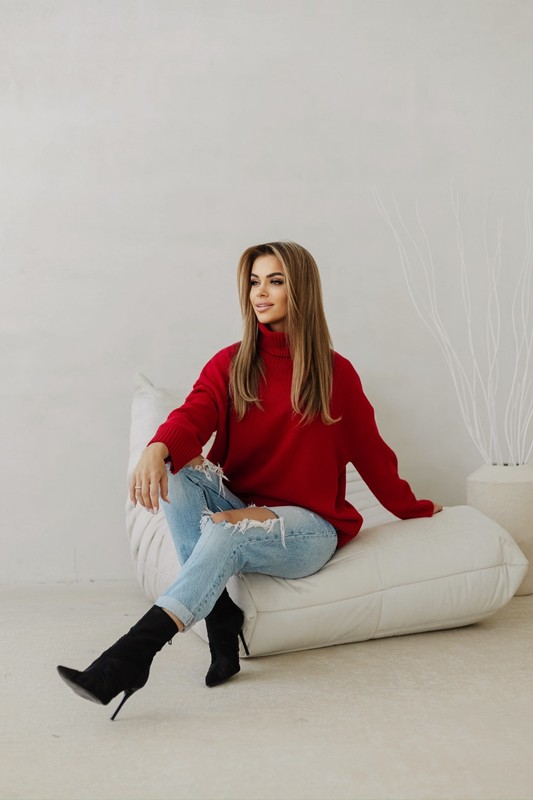 Sweter damski wełniany golf KELLY czerwony Madame Sue