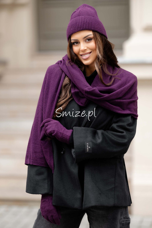 Komplet kaszmirowy z rękawiczkami, CASHMERE, bakłażan