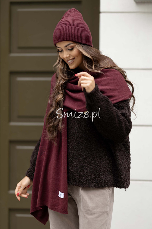 Komplet kaszmirowy bordowy, szal z czapką CASHMERE