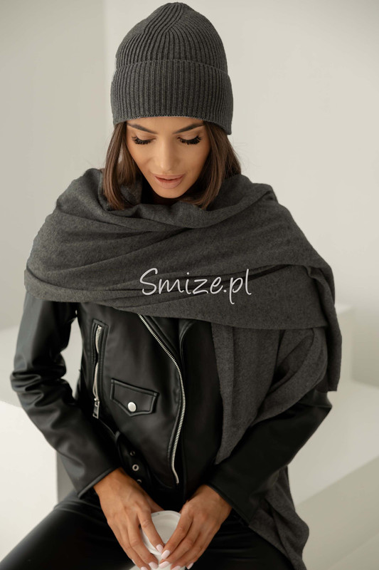 Komplet kaszmirowy grafitowy, szal z czapką CASHMERE