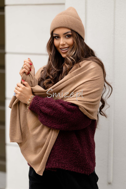 Komplet kaszmirowy camel, szal z czapką CASHMERE