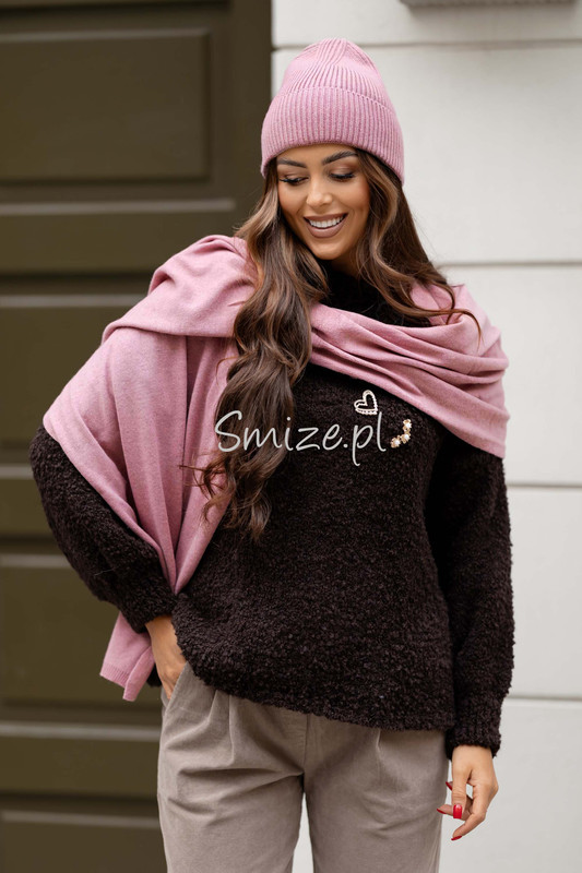 Komplet kaszmirowy pudrowy róż, szal z czapką CASHMERE