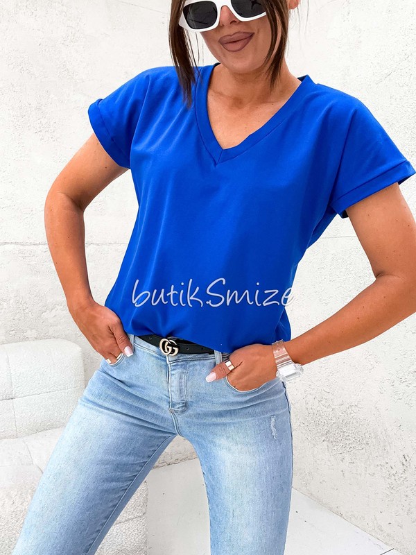 Gładki T-shirt bawełniany V neck classic Smize