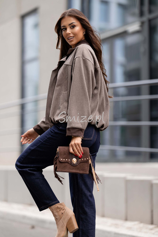 Kurtka damska w jodełkę ze sztruksowym kołnierzem, mokka