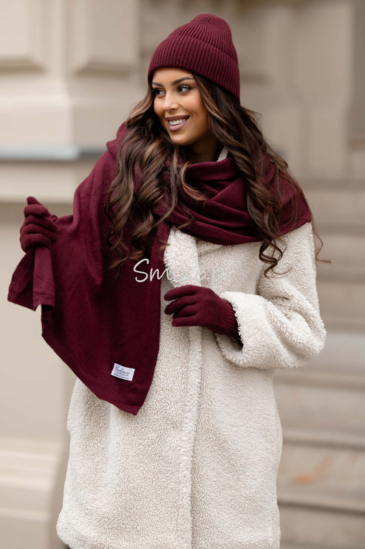 Komplet kaszmirowy  z rękawiczkami,  CASHMERE, bordowy