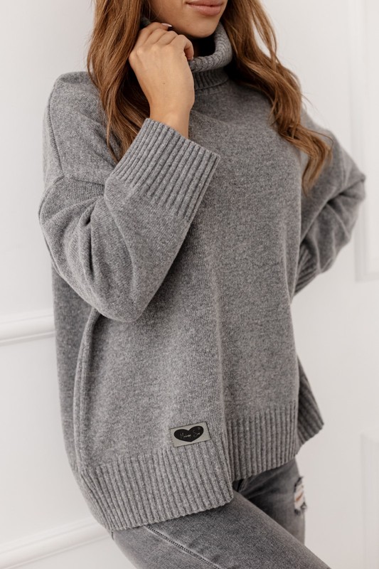 Sweter damski wełniany golf KELLY ciemny szary Madame Sue
