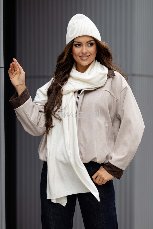Komplet kaszmirowy śmietankowy, szal z czapką CASHMERE