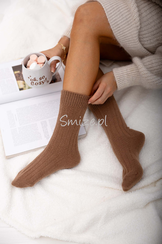 Skarpetki z angory, szerszy prążek, mokka