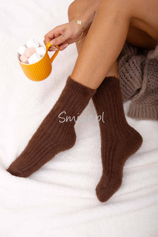 Skarpetki z angory, UNI, prążkowane, czekoladowe