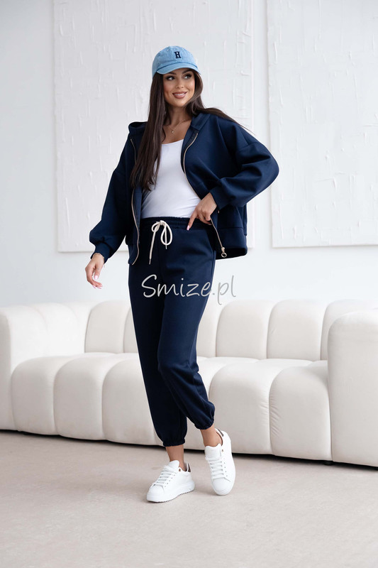 Komplet dresowy z wiskozy, masełkowy z rozpinaną bluzą, granatowy
