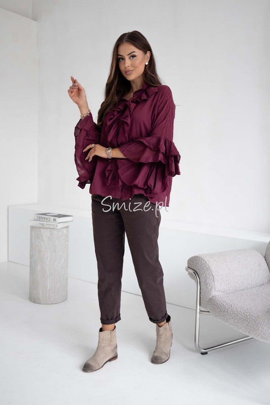 Bawełniana bluzka z falbanami i rozkloszowanymi rękawami, bordowa