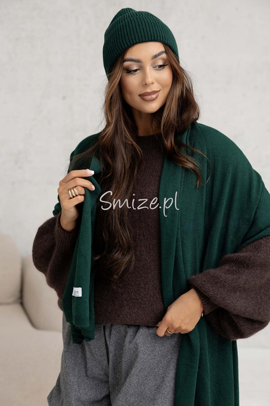 Komplet kaszmirowy butelkowa zieleń, szal z czapką CASHMERE