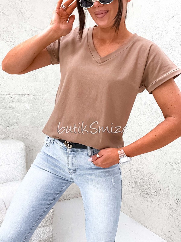 Gładki T-shirt bawełniany V neck classic Smize