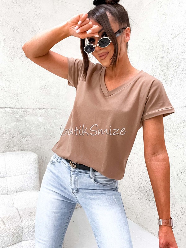 Gładki T-shirt bawełniany V neck classic Smize