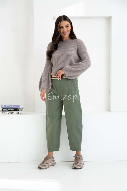 Spodnie damskie o kroju Balloon z wysokim stanem, oliwkowe