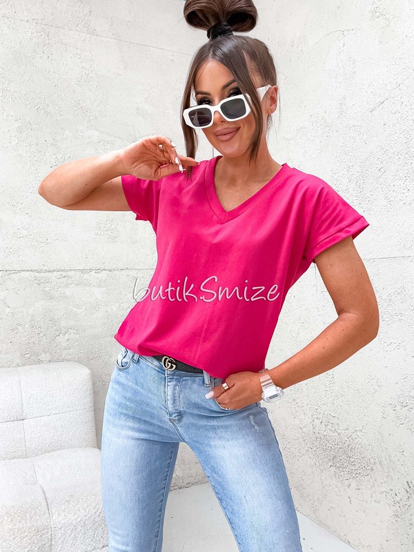 Gładki T-shirt bawełniany V neck classic Smize