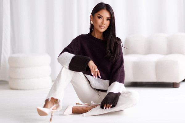 Sweter damski wełna moher premium  TRIO bakłażan / czekolada Madame Sue