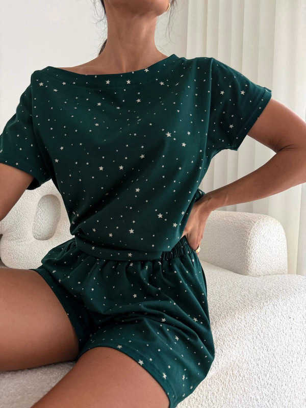 Piżama damska z szortami, w gwiazdki BOCCA, szmaragdowa