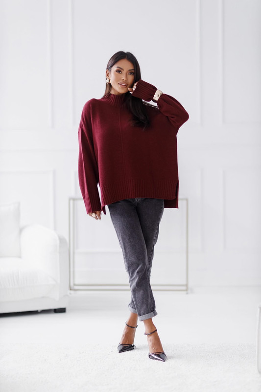 Sweter damski wełniany AURA , bordowy Madame Sue