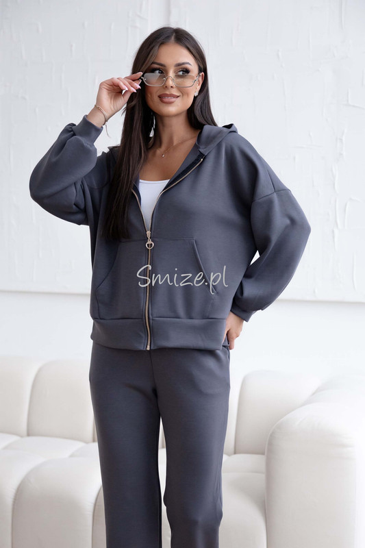 Komplet dresowy z wiskozy, masełkowy z rozpinaną bluzą, grafitowy