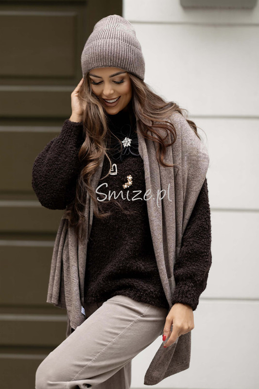 Komplet kaszmirowy fango, szal z czapką CASHMERE