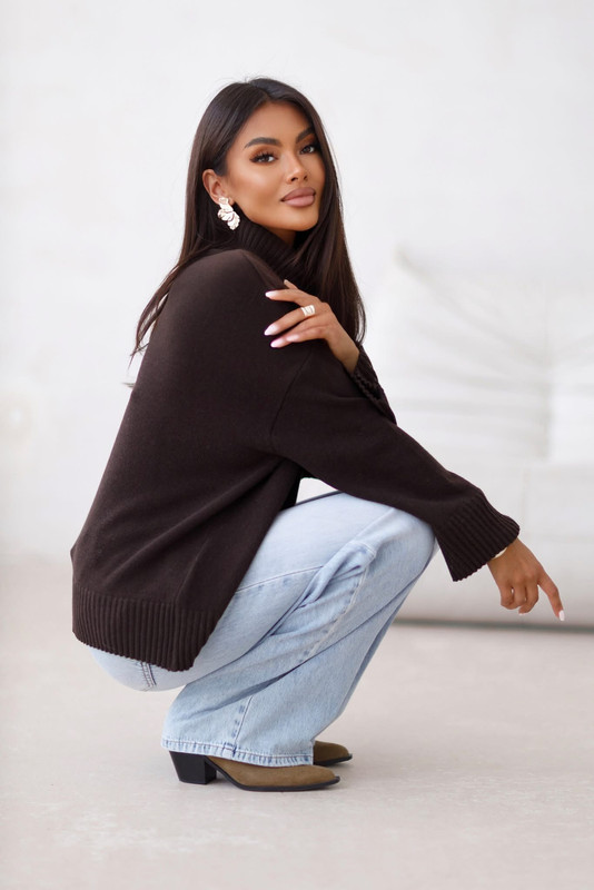 Sweter damski wełniany golf KELLY czekoladowy Madame Sue