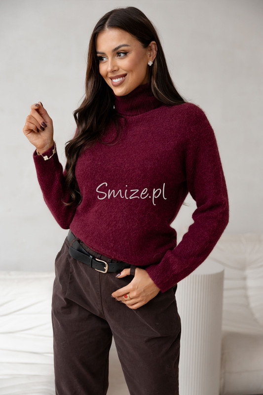 Sweter z golfem baby alpaka, bordowy