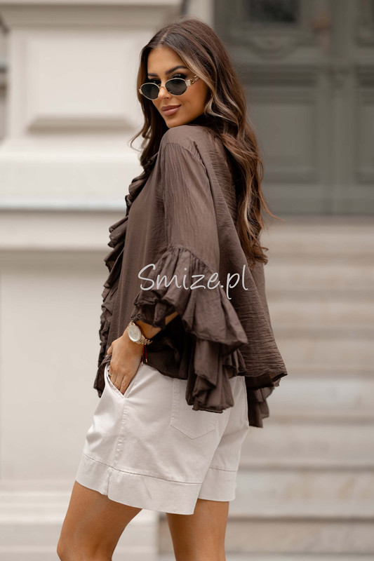 Bawełniana bluzka z falbanami i rozkloszowanymi rękawami, czekoladowa