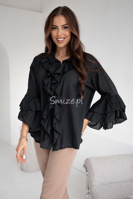 Bawełniana bluzka z falbanami i rozkloszowanymi rękawami, czarna